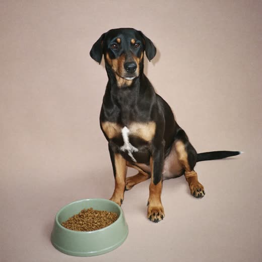 A dog beside a bowl of dry food